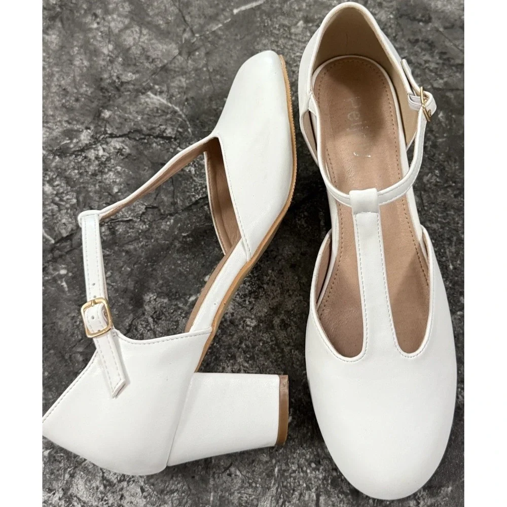 Peijely Womens T Strap Mary Jane Chunky Block Heel Dress Shoes White Sz 10 10.5